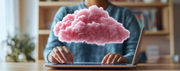 Closeup of a person using a laptop, with cloud storage and data files displayed, showing cloudbased business solutions across devices, Generative AI
