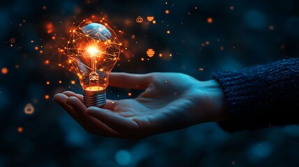 Hand holding a light bulb with digital technology icons