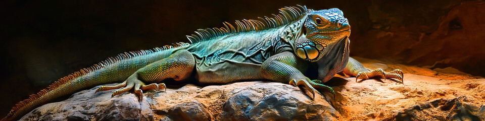 Fototapeta premium Reptile Relaxation: A green iguana basks in sunlight, sprawled across a warm rock.