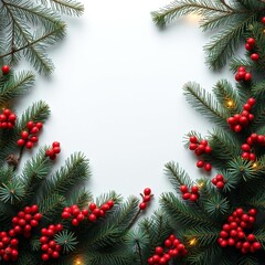 Christmas background frame made of christmas fir spruce thuja tree branches red berries pine cones flat lay top view copy space frame christmas isolated