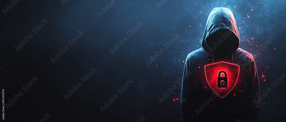 Poster cyber security concept featuring a man in a black hoodie with a red shield and padlock icon