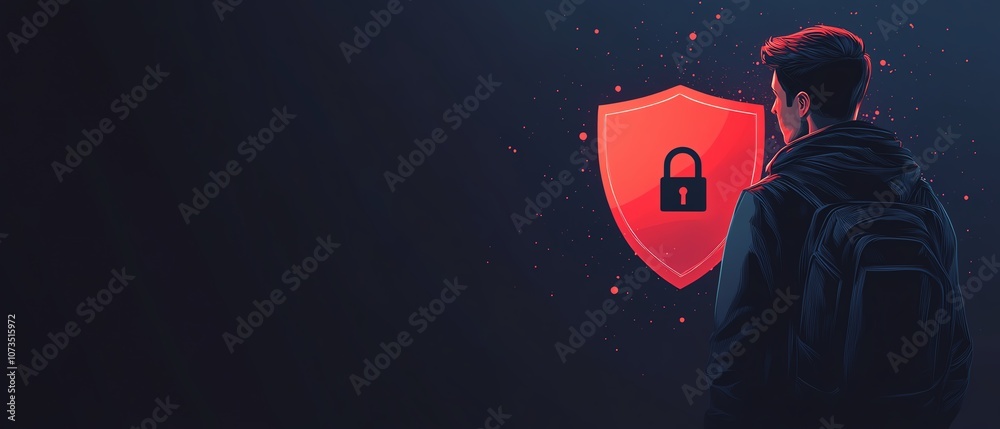 Poster cyber security concept featuring a man in a black hoodie with a red shield and padlock icon