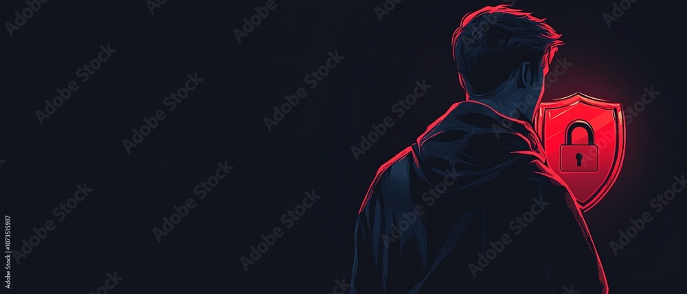 Aufkleber cyber security concept featuring a man in a black hoodie with a red shield and padlock icon