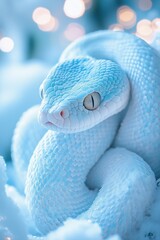 Fototapeta premium A close-up of a white and blue-toned snake curled up on snow with a serene expression, surrounded by soft bokeh lights.