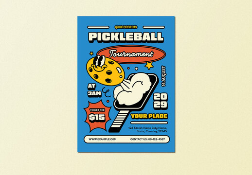 Blue Playful Retro Cartoon Pickleball Tournament Flyer Layout