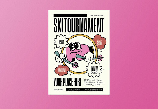 Cream Retro Cartoon Ski Tournament Flyer Layout
