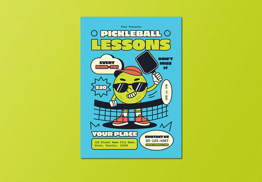 Blue Retro Cartoon Pickleball Lessons Flyer Layout