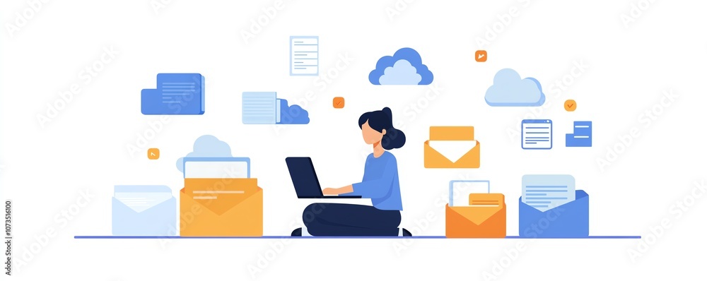 Aufkleber Digital concept of a person using a laptop with cloud storage icons and floating file wraps, representing seamless data access across devices for businesses, Generative AI