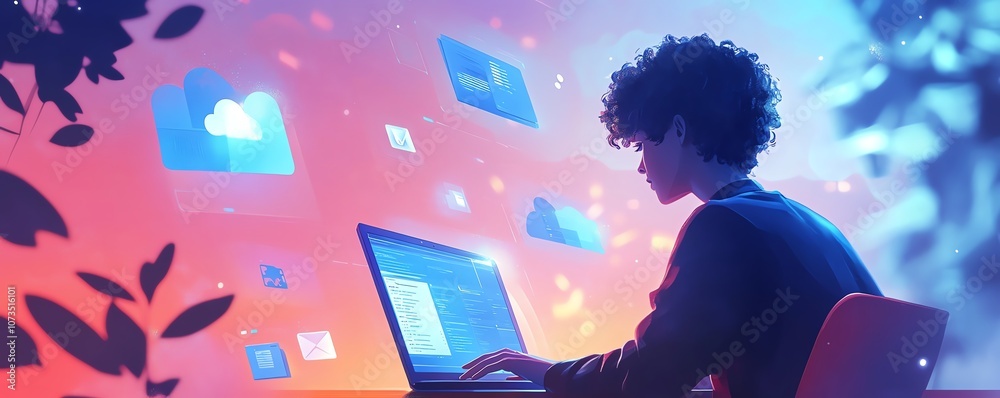 Poster Digital concept of a person using a laptop with cloud storage icons and floating file wraps, representing seamless data access across devices for businesses, Generative AI