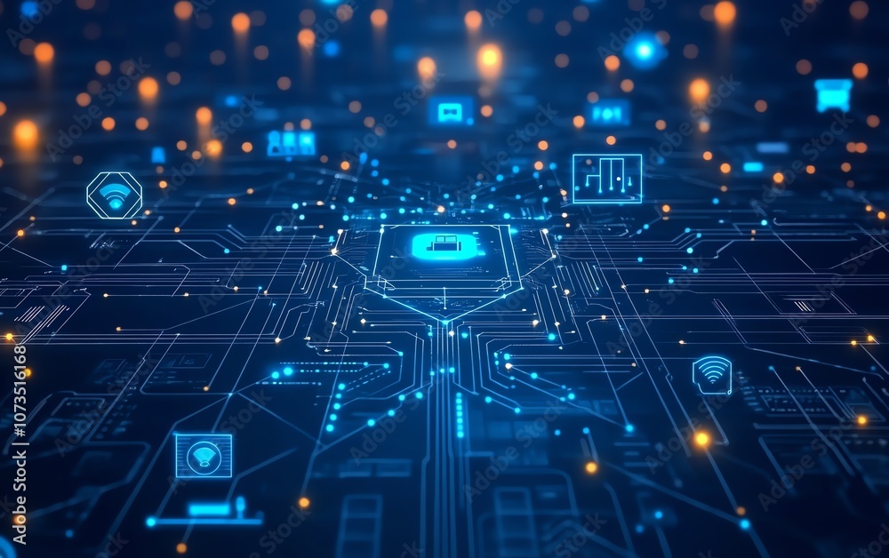Poster digital connection network with glowing people icons on a blue background, representing the intercon
