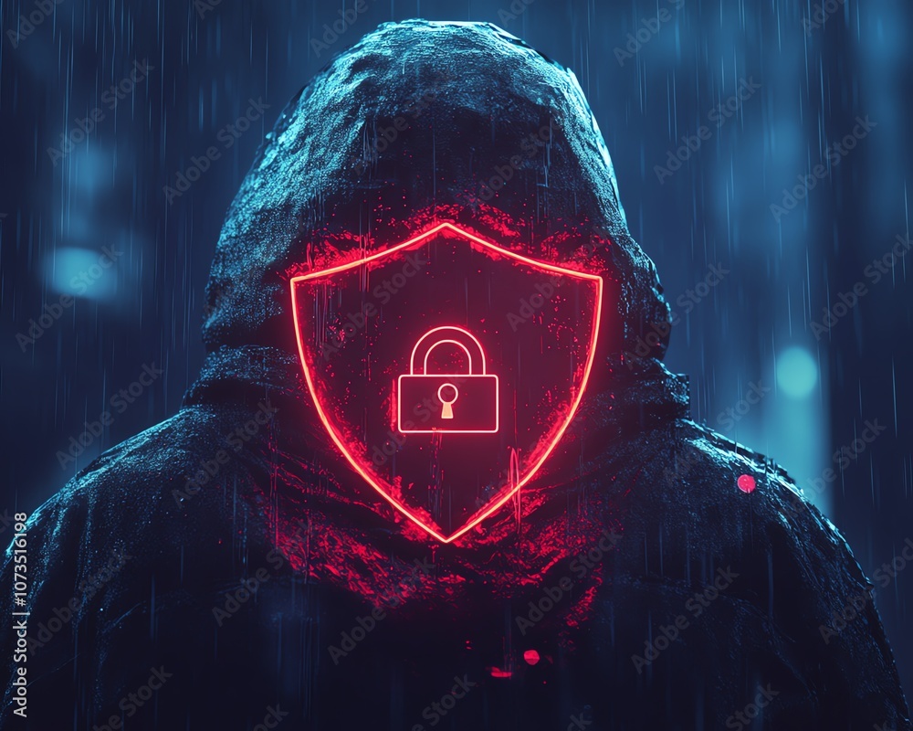 Poster digital security concept featuring a man in a black hoodie with a red shield and padlock icon on a d