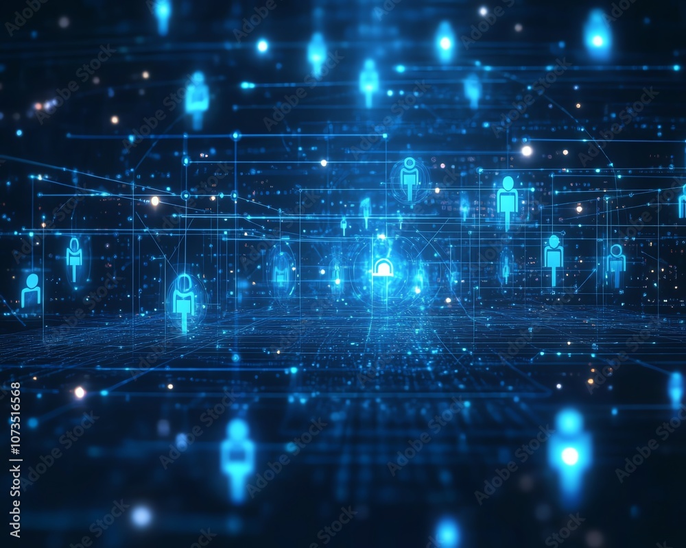Poster futuristic blue background featuring abstract digital network with glowing people icons, symbolizing