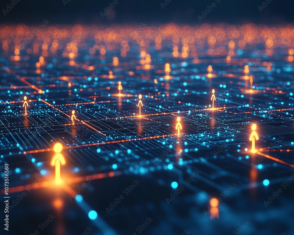 Poster futuristic blue background featuring abstract digital network with glowing people icons, symbolizing
