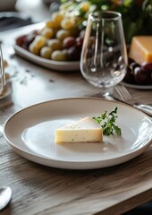A slice of cheese is on a white plate with a leaf on top