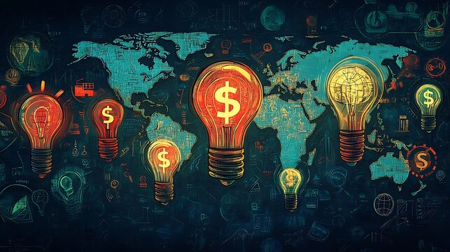 A cartoon-style drawing of various financial symbol, Business idea light bulb icons