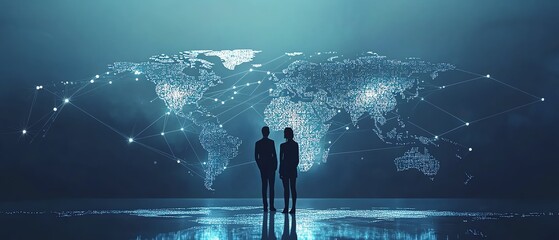 Illustration of business professionals standing in front of a world map