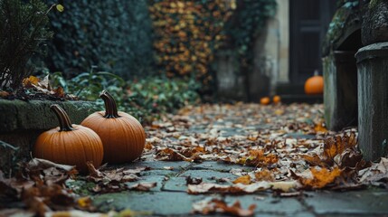 Obraz premium Two pumpkins rest on a leaf-covered stone pathway in a cozy autumn garden, surrounded by fall foliage and greenery.