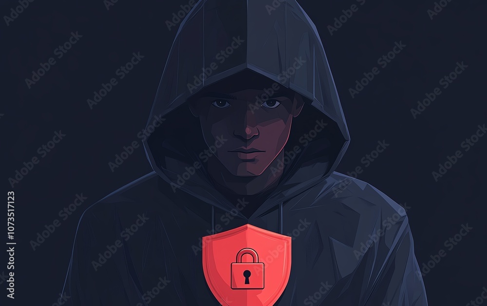 Poster A black hoodiewearing man with a red shield and padlock icon on a dark blue background, representing the concept of securing data and systems in the digital age, Generative AI