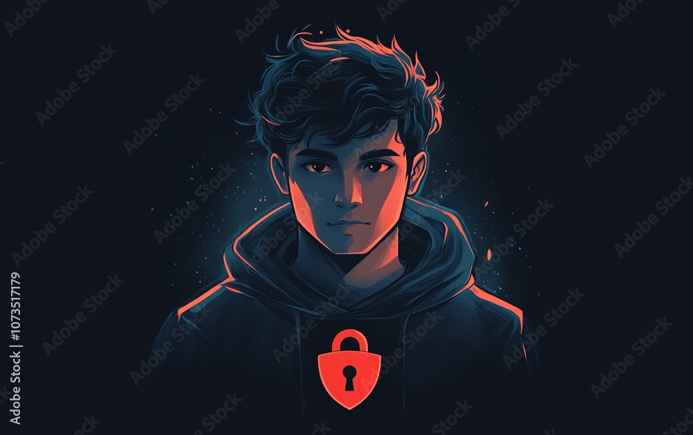 Poster A black hoodiewearing man with a red shield and padlock icon on a dark blue background, representing the concept of securing data and systems in the digital age, Generative AI