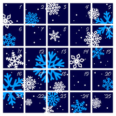 Christmas advent calendar with snowflakes and dates from 1st to 25th December to countdown days until the holiday. Ready to print or for web Christmas calendar.