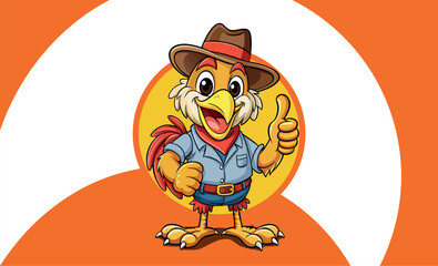 Advertising style chicken mascot, wearing a farmer hat, free range logo style in vector