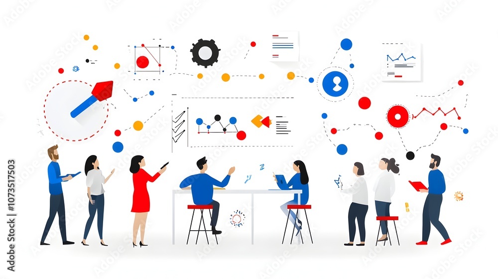 Poster of an office environment with employees collaborating on sales strategy and business analytics in a 
