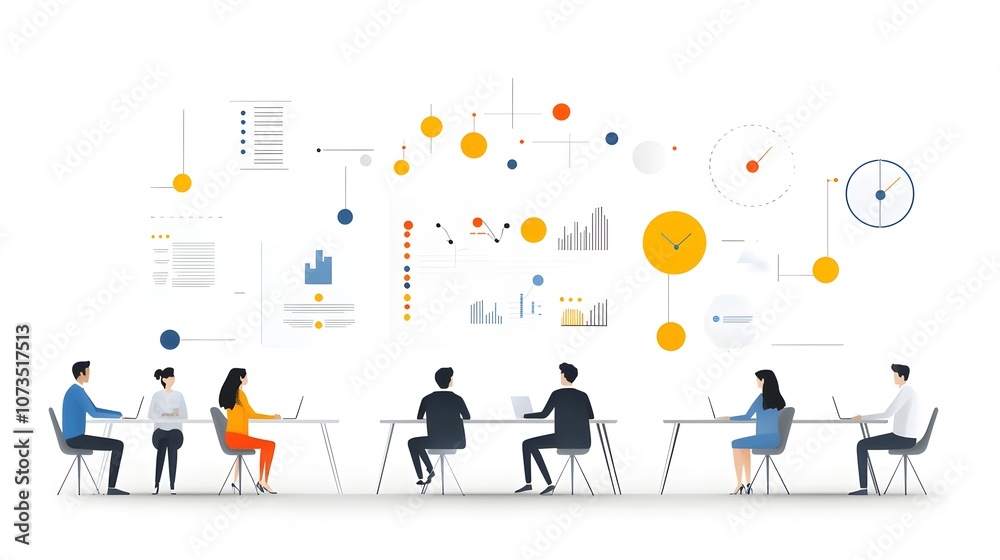 Poster successful business meeting with team of professionals presenting new ideas and strategies in a mode