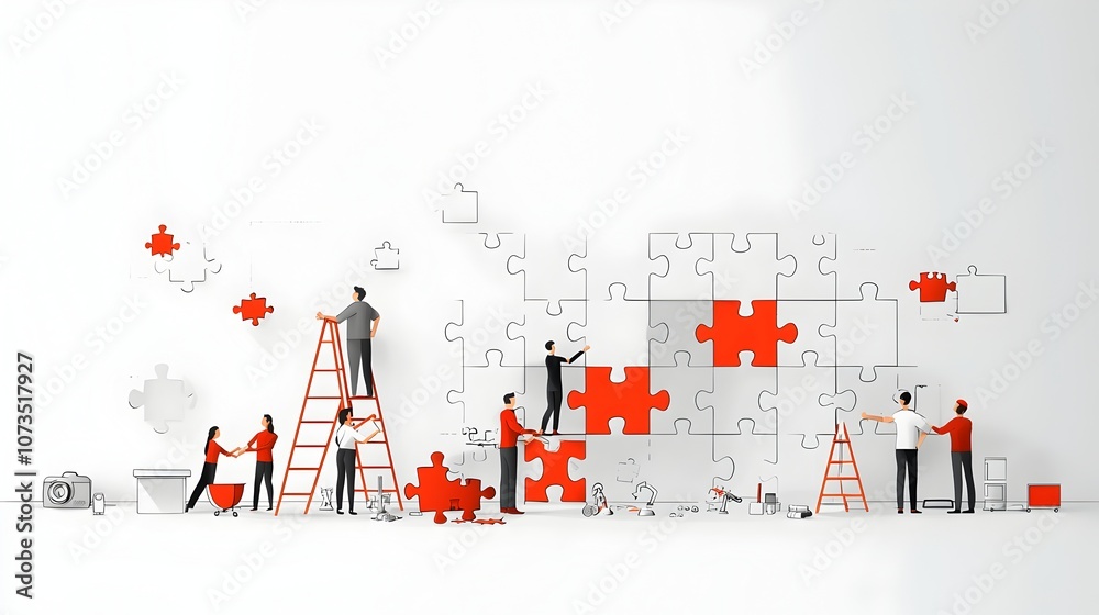 Aufkleber creative of men and women working together to assemble a puzzle representing the concept of and achi