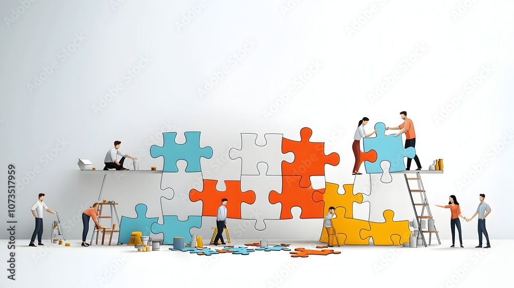 Poster diverse workforce collaborating to accomplish shared goals through teamwork and puzzle building men 