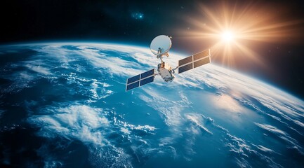 A satellite orbits Earth, capturing sunlight and monitoring global communications from space in a breathtaking view