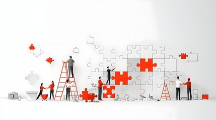 Creative of Men and Women Working Together to Assemble a Puzzle Representing the Concept of and Achieving Goals in a Corporate or Business Setting
