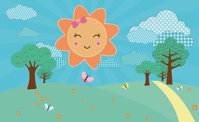 vector panel, landscape with sun in the background and trees and garden with butterflies, with blue sky and clouds.