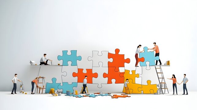 Diverse Workforce Collaborating to Accomplish Shared Goals through Teamwork and Puzzle Building  Men and women working together to solve challenges build connections and achieve success