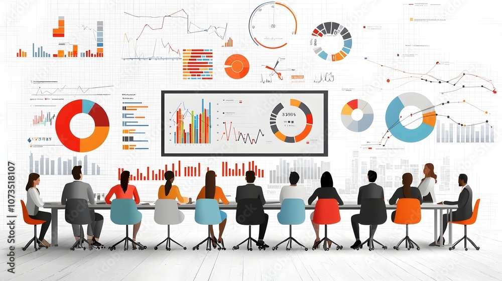 Aufkleber of a diverse business team collaborating and analyzing digital charts graphs and data during an impo