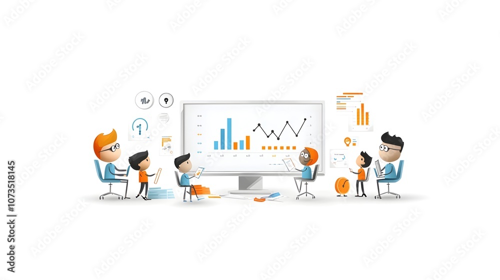 Aufkleber of a diverse business team collaborating and analyzing graphs charts and data on a digital screen during a corporate meeting or presentation  Concepts of strategy planning data visualization