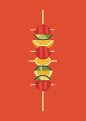A skewer of fruit is shown on a red background