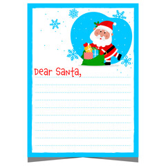 Dear Santa Christmas letter with cute Santa Claus character preparing a bag of gifts. Blank template with snowflakes decoration and empty lines to fill out with wish list by children during holidays.