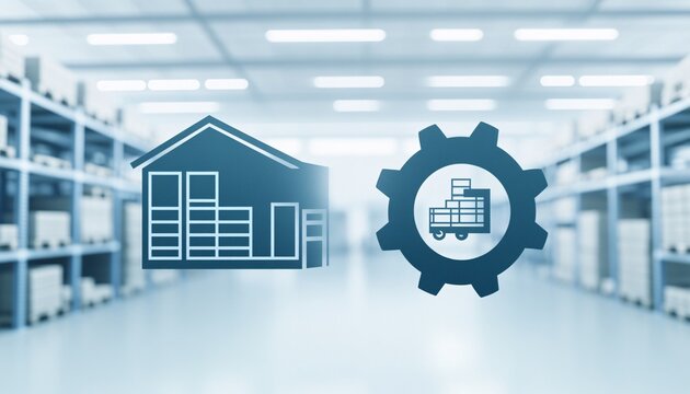 Warehouse icon paired with a gear representing efficient systems in inventory management for streamlined supplier processes.