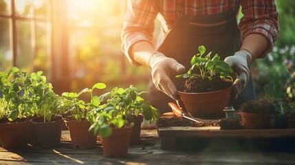 Close-up of Hands Gently Repotting Flowers in Sunlit Garden