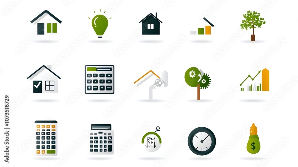 Poster minimalist icons depicting home loan calculator and property investment symbols on a white backgroun