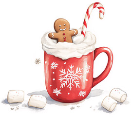 Watercolor  Christmas illustration of a red mug with a gingerbread man. Isolated on white background