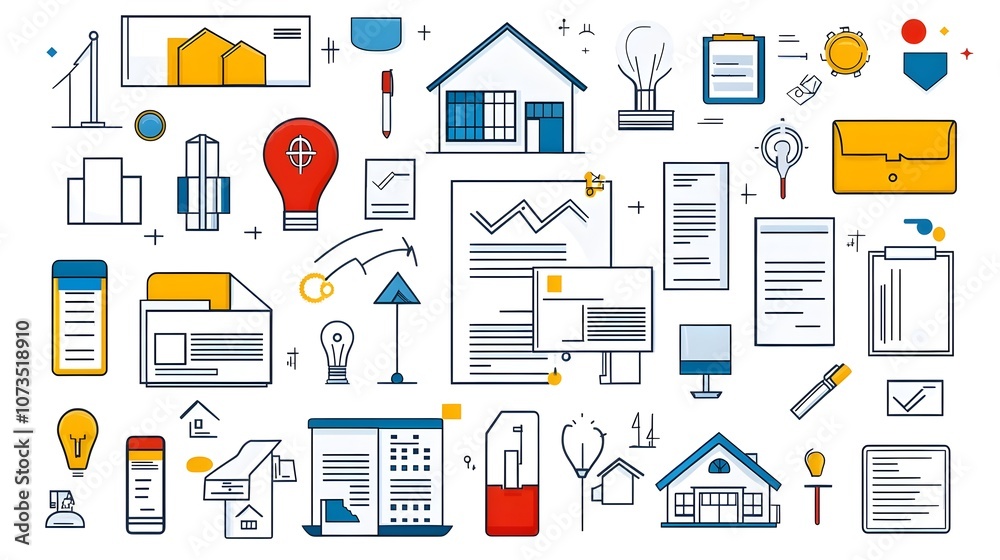 Poster comprehensive collection of outline style icons representing various aspects of mortgage agreements 