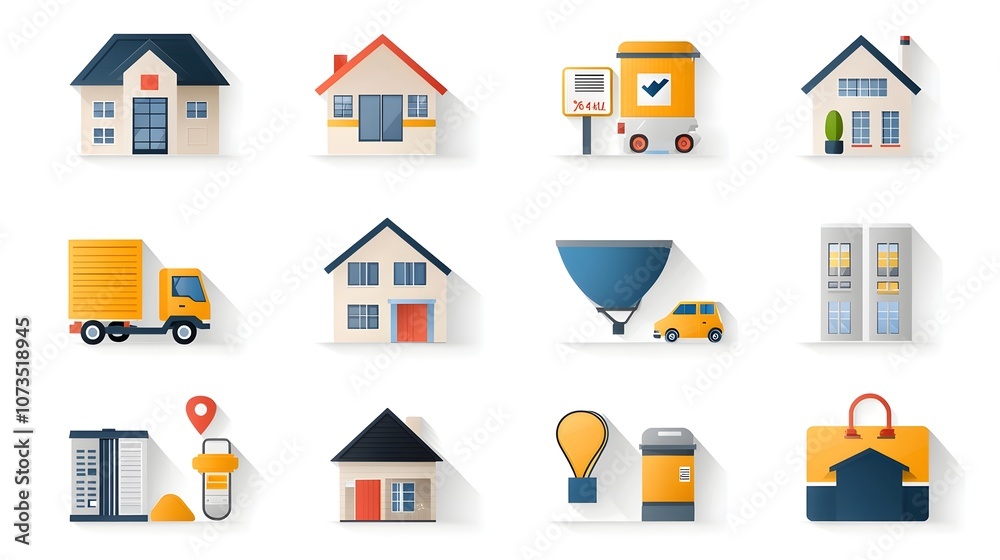 Poster Comprehensive line web icon set depicting various elements and concepts related to real estate industry transactions property purchases sales and management services
