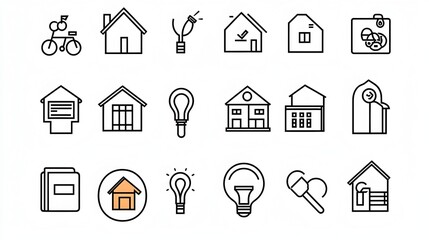 Detailed Collection of Outline Icons Featuring Real Estate and Home Loan Concepts Such as Mortgage Finance Property and Investment on a White Background