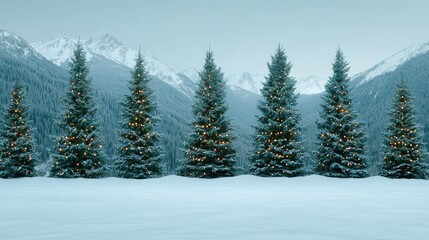 Fototapeta premium A serene winter landscape featuring snow-covered mountains and a row of beautifully decorated evergreen trees.