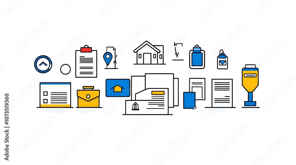 Poster set of modern minimalist icons for real estate and property transactions including mortgage approval
