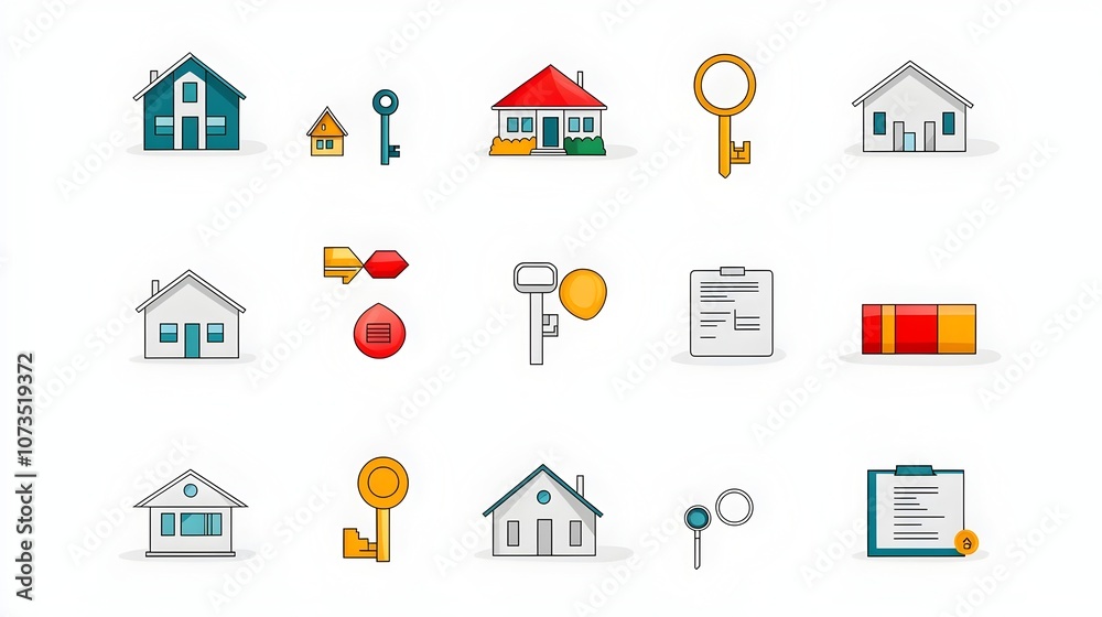Poster A set of simple and minimalist line icons representing various real estate elements such as house keys property contracts residential and commercial building symbols