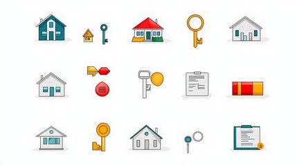 A set of simple and minimalist line icons representing various real estate elements such as house keys property contracts residential and commercial building symbols
