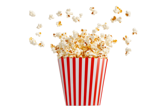 Popcorn flying out of red white striped paper box isolated on white, transparent background, PNG, with copy space. Splash, levitation of popcorn grains.