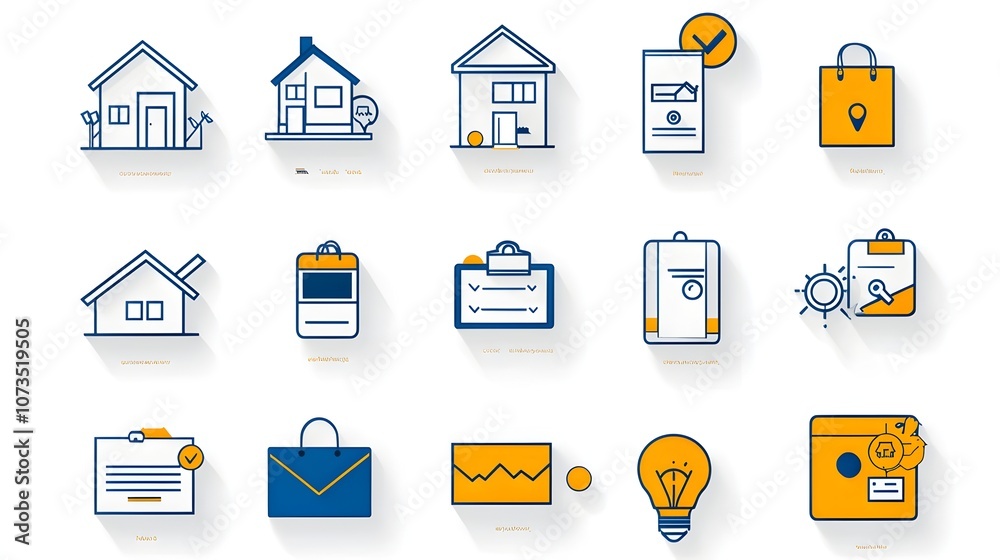 Poster set of minimalist icons representing the key steps and elements in the real estate and mortgage appl